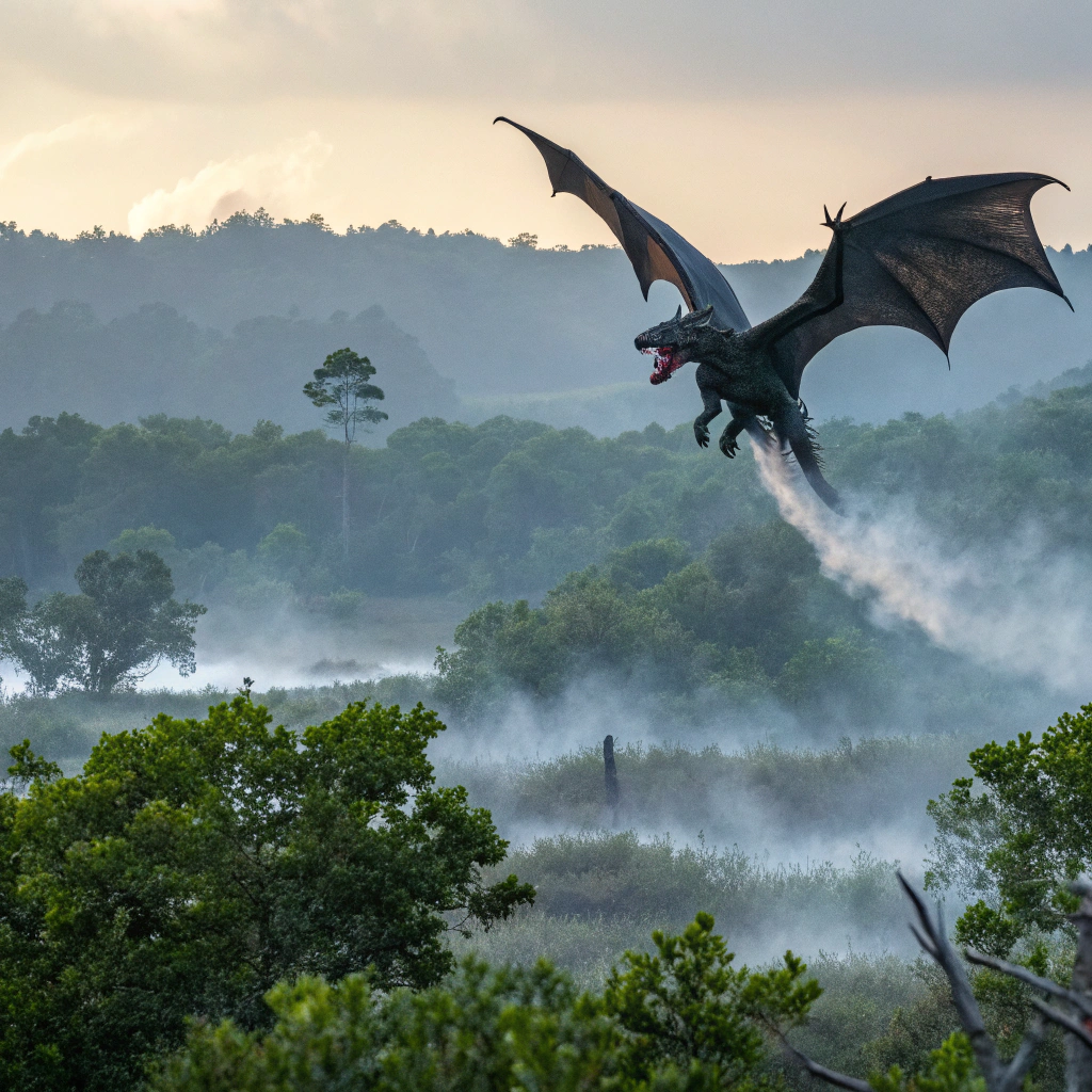 Black Chromatic Dragon flying over Swamps, marshes, and dark forests