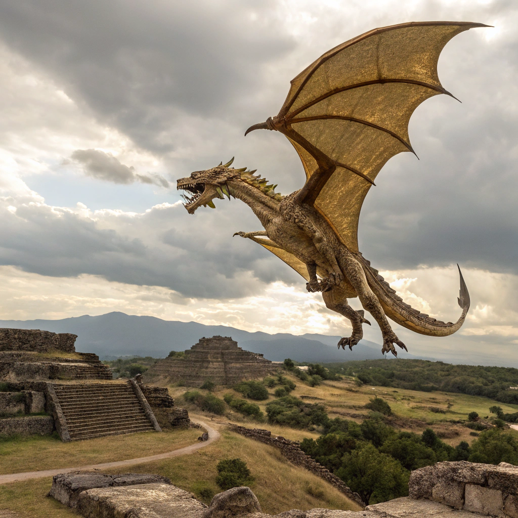 Gold Metallic Dragon flying over Near civilizations