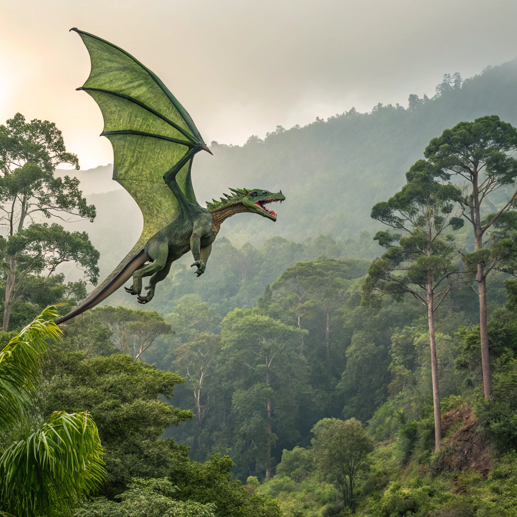 Green Chromatic Dragon flying over Dense forests and jungle environments